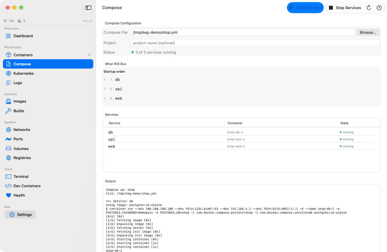 Compose view showing a three-service stack with What Will Run startup order, a 3 of 3 services running status row, a running services table and full compose up output