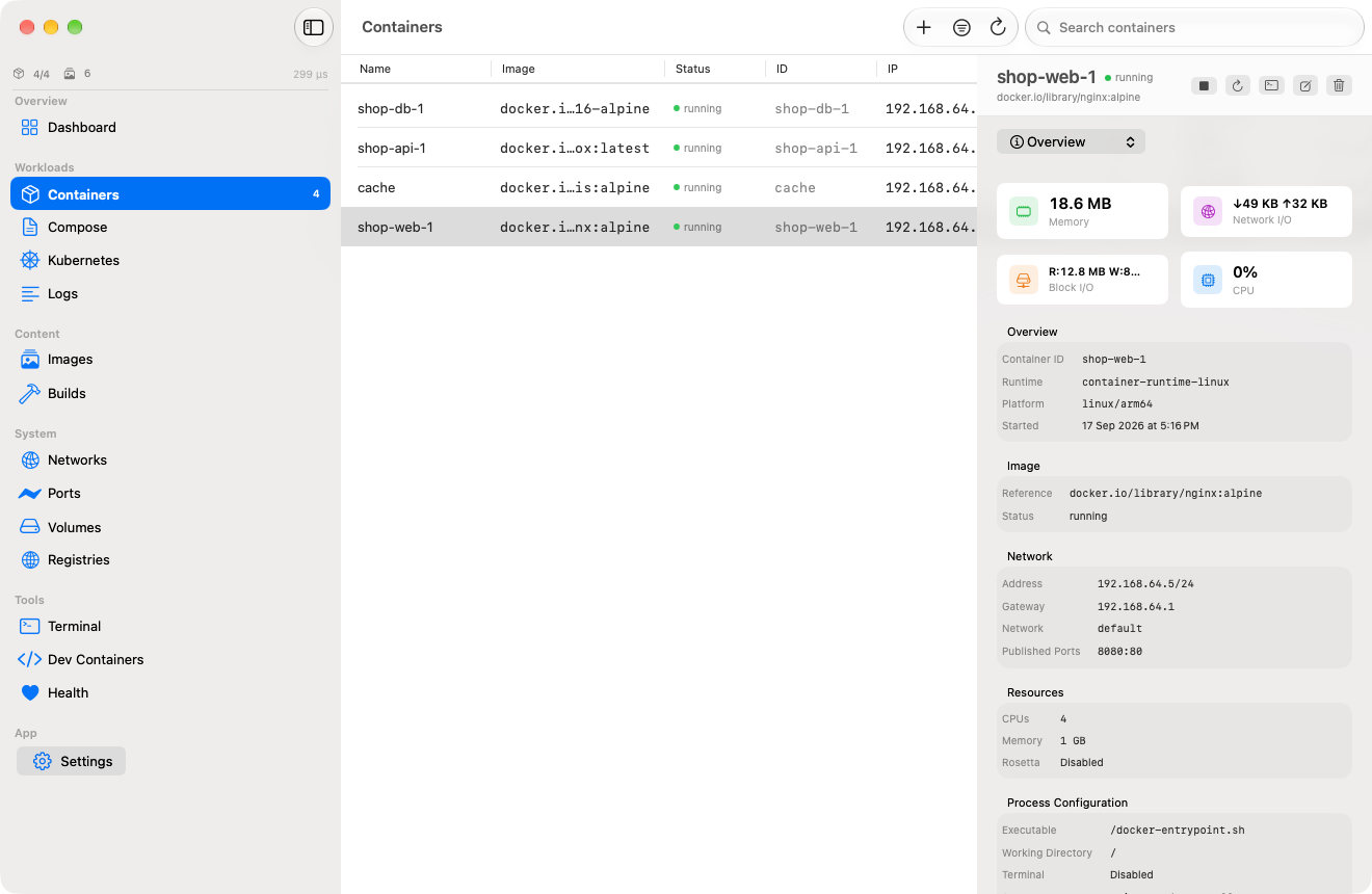 Container inspector for shop-web-1 showing memory, network and block I/O usage, image, network address, published port 8080:80, resources and process configuration