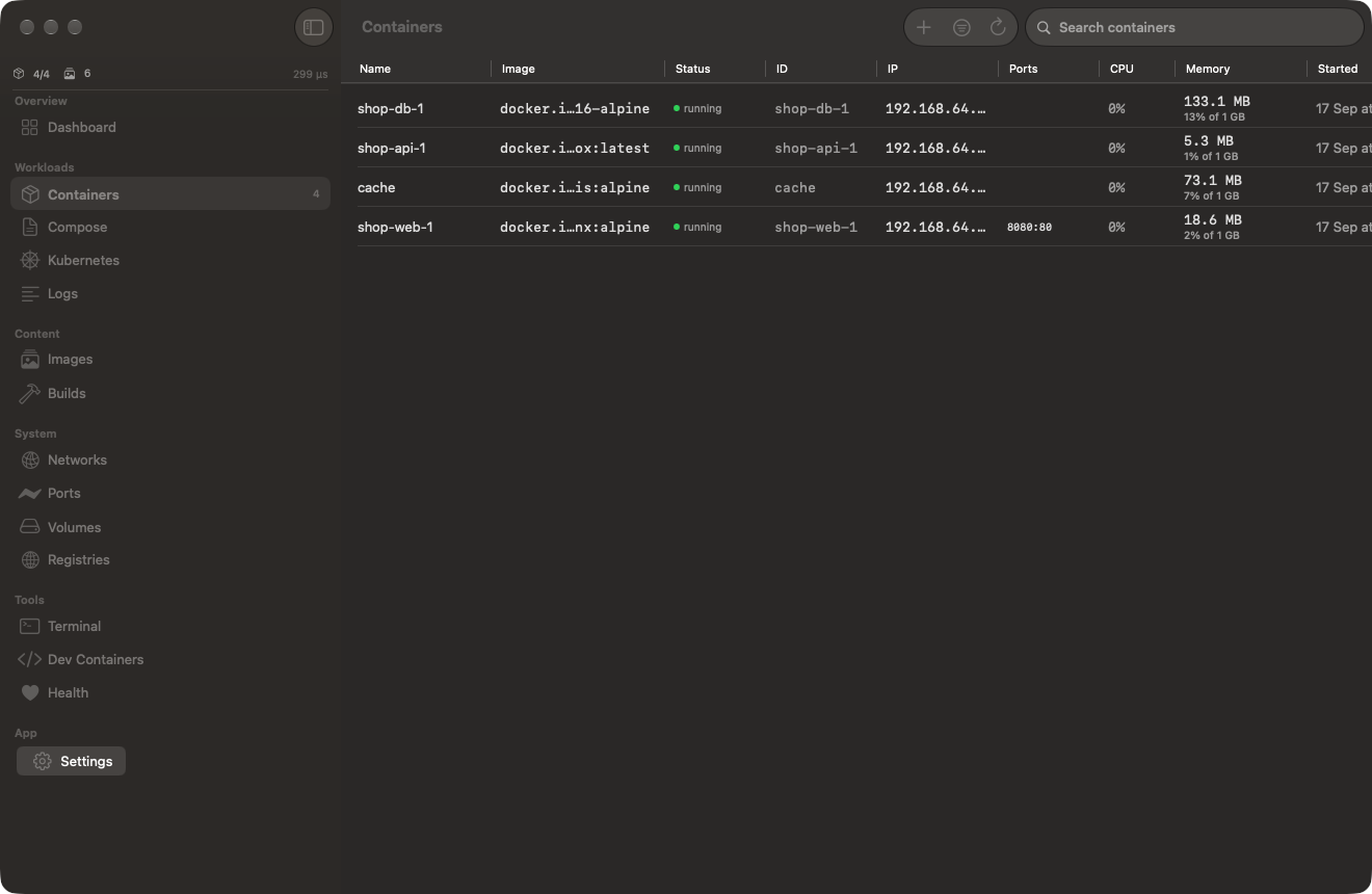Container list in dark mode showing four running containers — shop-db-1, shop-api-1, cache and shop-web-1 — with image, status, IP, ports, CPU and memory columns