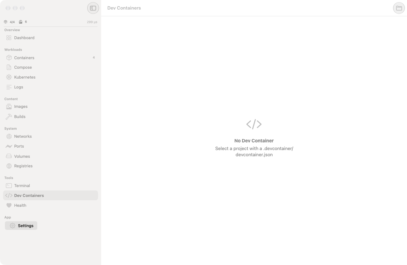Dev Containers view with an empty state pointing at projects with a devcontainer.json and a Browse Project toolbar button