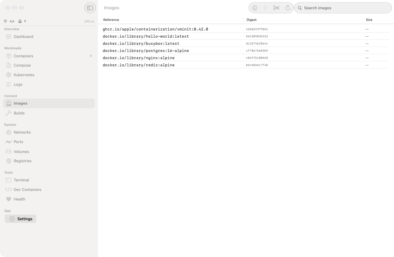 Image library listing six images including nginx:alpine, postgres:16-alpine and redis:alpine with digest and size columns