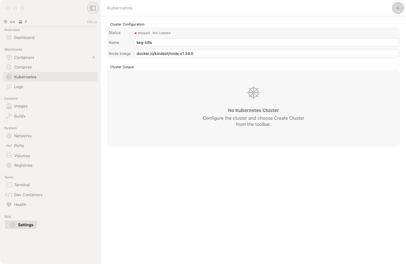 Kubernetes cluster configuration showing Not Created status, cluster name keg-k8s and kindest/node v1.34.0 image with a Create Cluster toolbar button