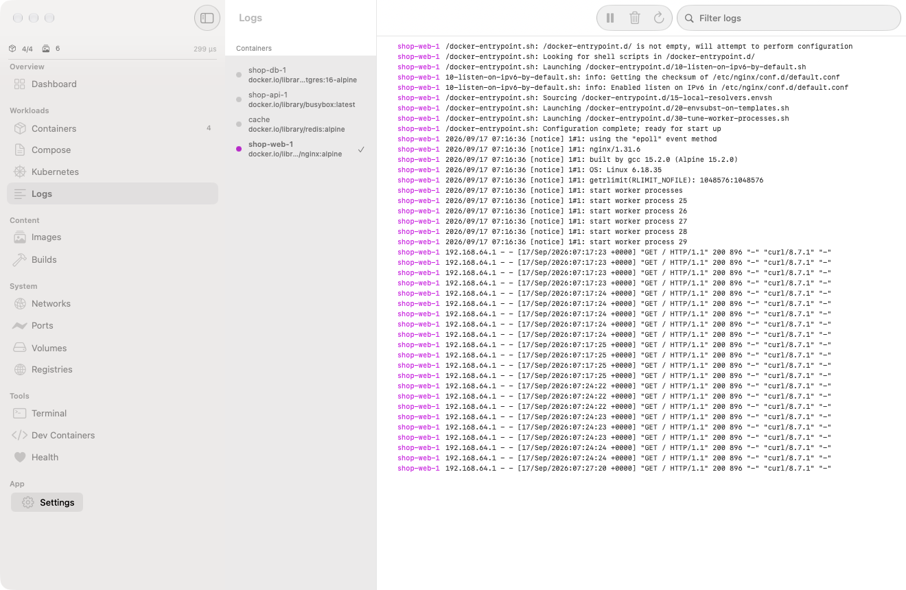 Merged log stream from shop-web-1 and shop-api-1 showing nginx boot logs, HTTP access lines and heartbeat messages interleaved