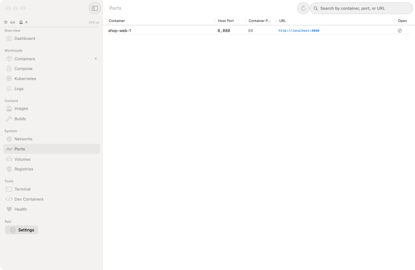Ports dashboard showing shop-web-1 publishing host port 8080 to container port 80 with a clickable localhost URL