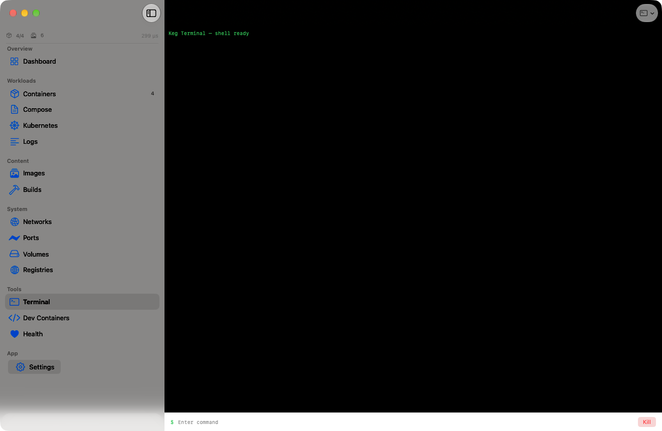 Embedded terminal running container ls, listing the four running containers with state, IP, CPUs and memory